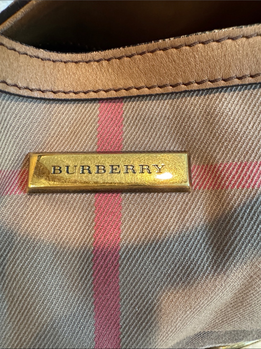 Burberry Beige Plaid and Brown Leather Satchel - Picture 2 of 15